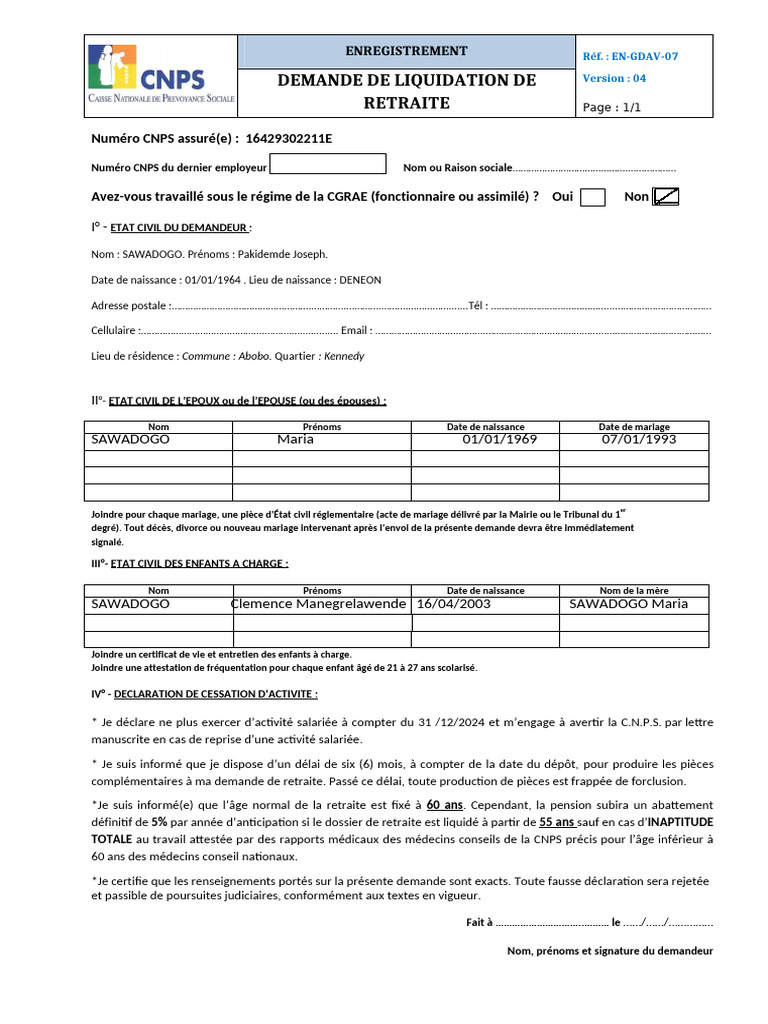 Demande de Pension de Retraite | PDF