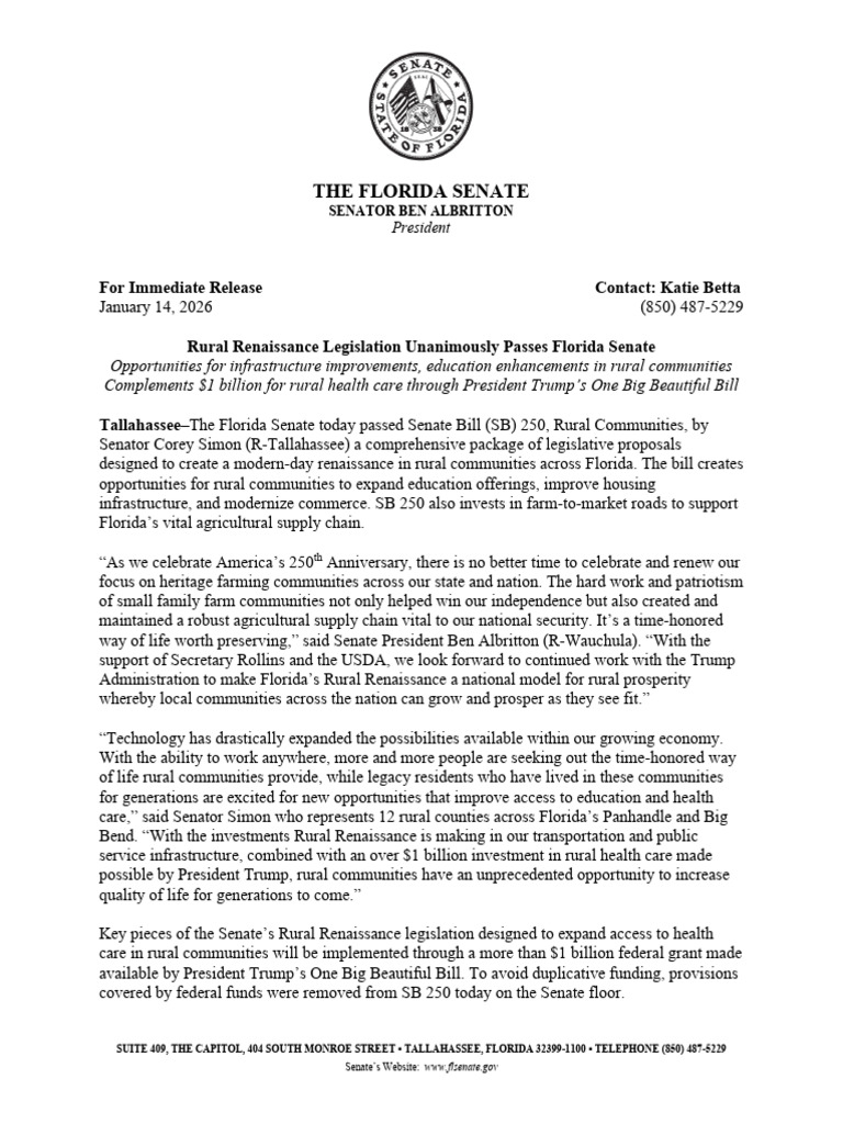 Rural Renaissance Legislation Unanimously Passes Florida Senate | PDF ...