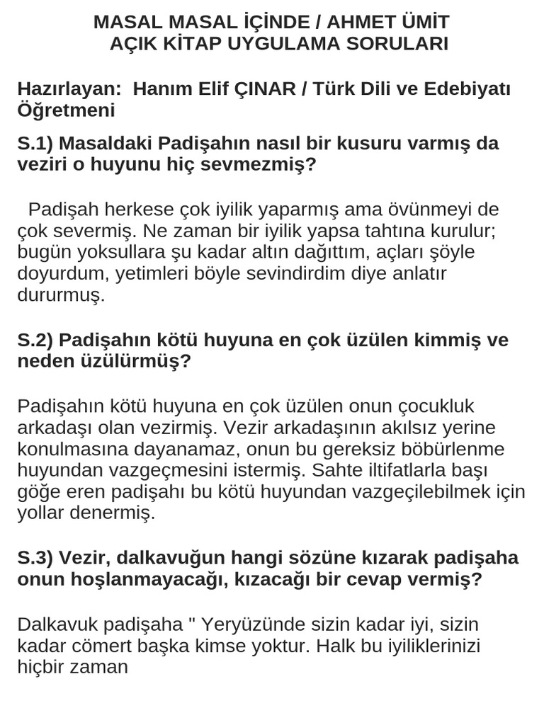 Masal Masal İçinde Soruları | PDF