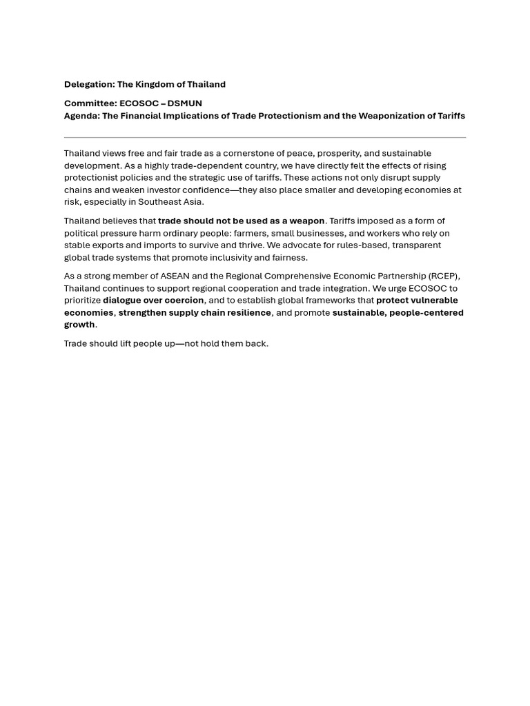 Position Paper Delegate of Thiland (ECOSOC) | PDF