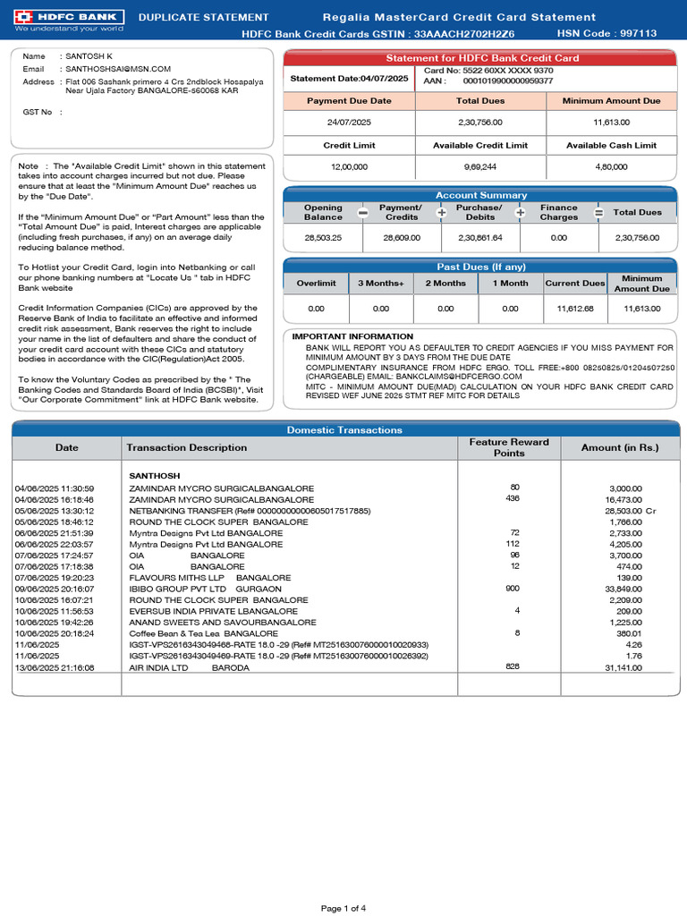 BilledStatements_9370_18-08-25_13.47 (1) | PDF | Credit Card | Banks