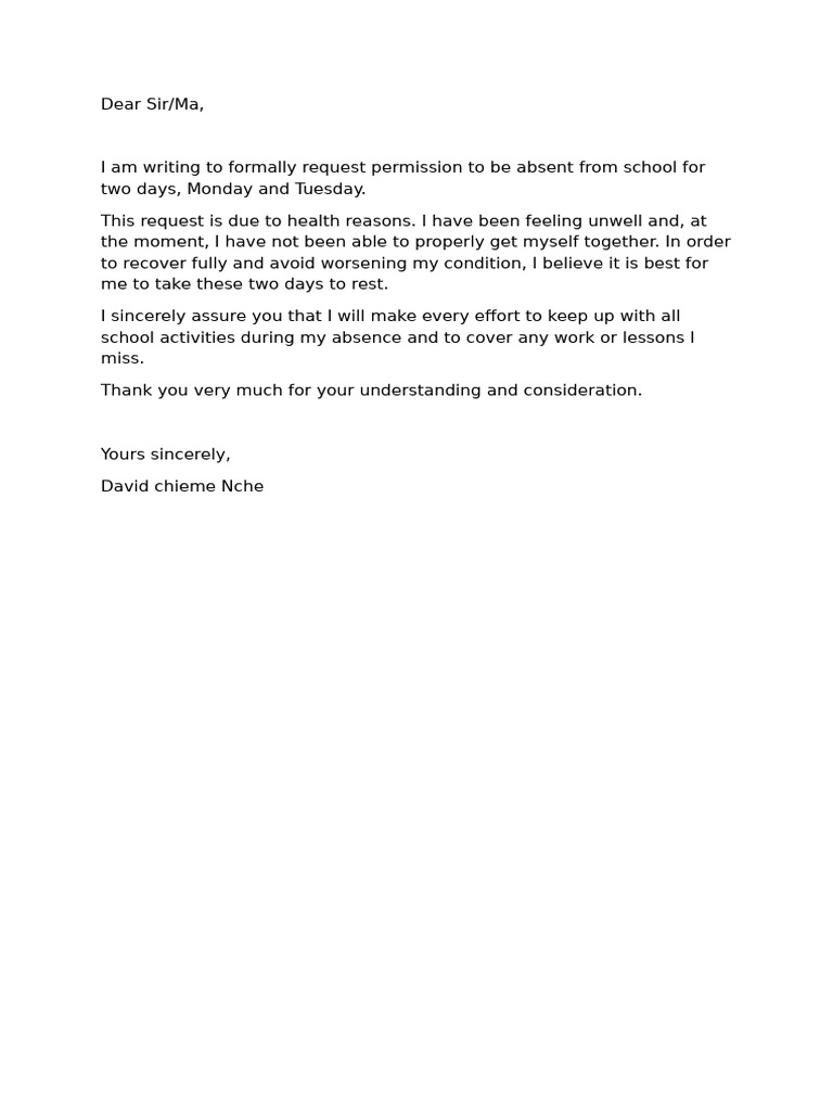 Request for Two-Day Absence (Monday and Tuesday) (1) | PDF