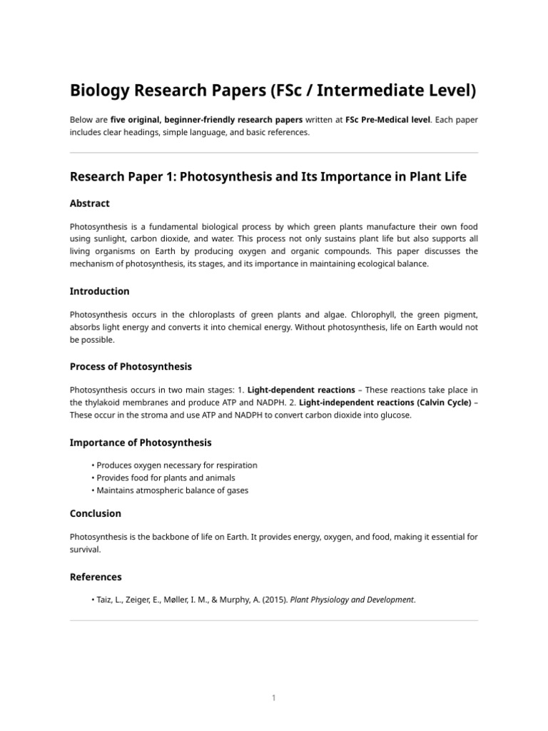 Biology Research Papers (Fsc Level) | PDF | Photosynthesis | Cell (Biology)