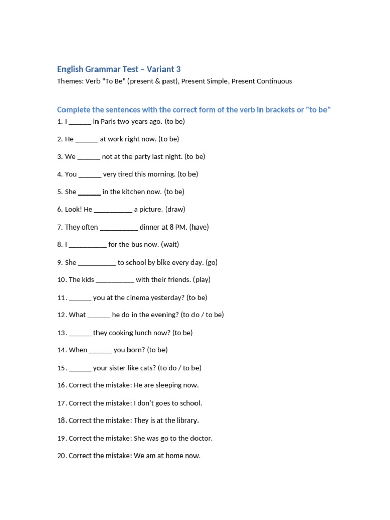 English Grammar Test Variant 3 | PDF
