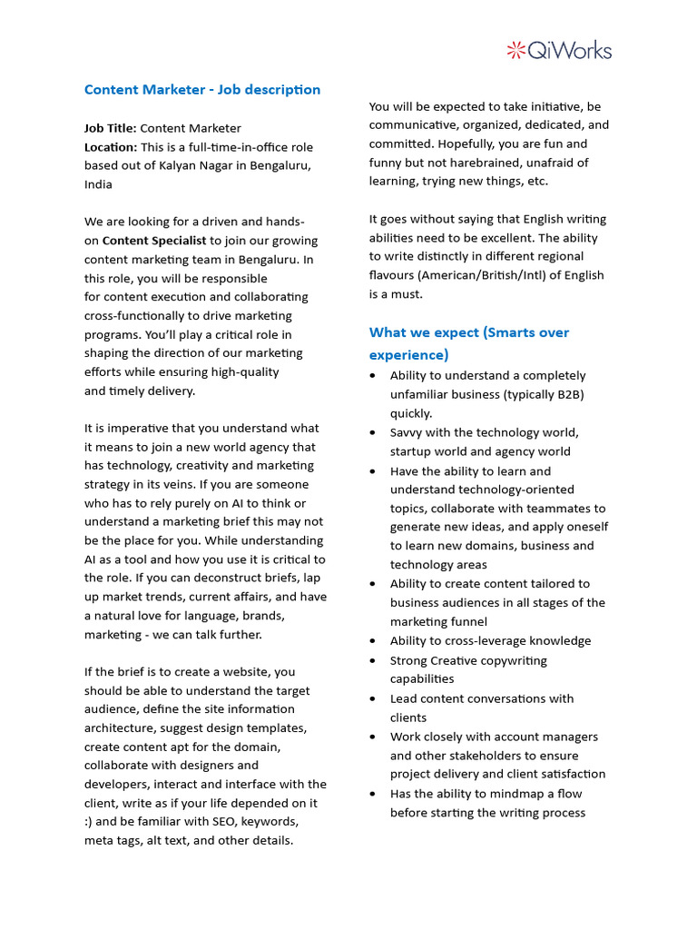 Qiworks- JD Content Marketer | PDF | Marketing | Business