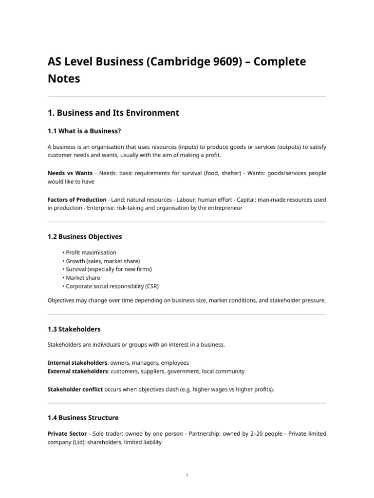 As Level Business (9609) - Complete Notes | PDF