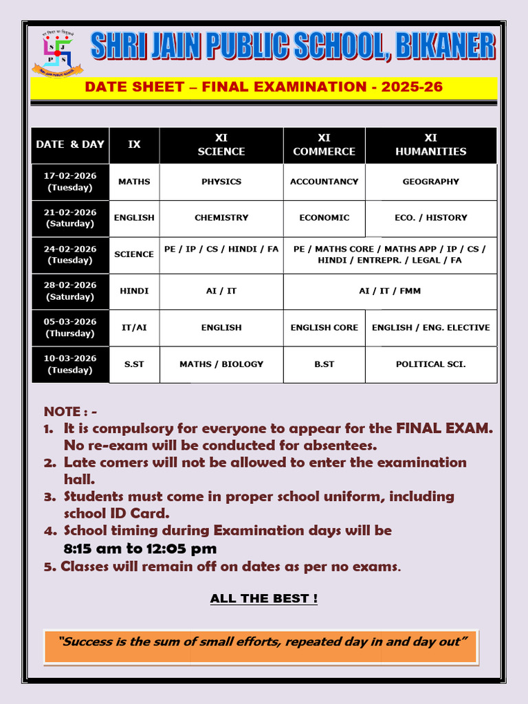 Ix & Xi Annual Datesheet 2025-26 | PDF