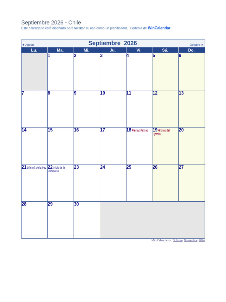 Calendario Septiembre 2026 | PDF