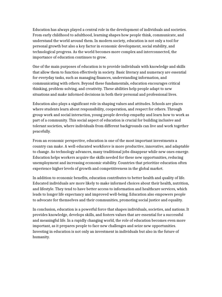 Essay 1 the Importance of Education | PDF | Learning | Cognition