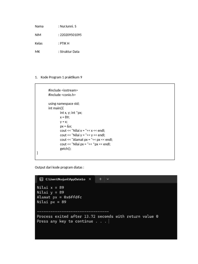NurJunni S 220209501095 Praktikum 9 Struktur Data | PDF | Pointer ...