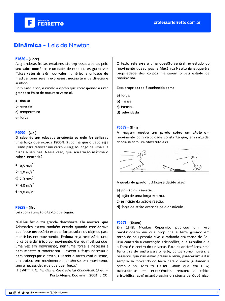 Física Dinâmica 1 | PDF | Força | Leis do Movimento de Newton