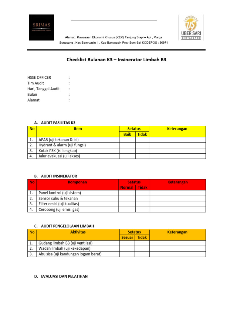 Checklist Inspeksi Mingguan K3 PT - Usk | PDF