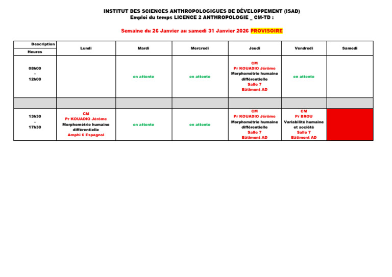 Emploi Du Temps Licence 2 ISAD - Semaine Du 26 Janvier Au Samedi 31 ...