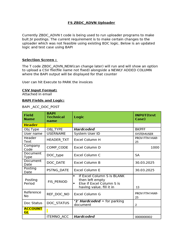 Fs and Bapi Test Case ZBDC - Advn 1 | PDF | Microsoft Excel | Computing
