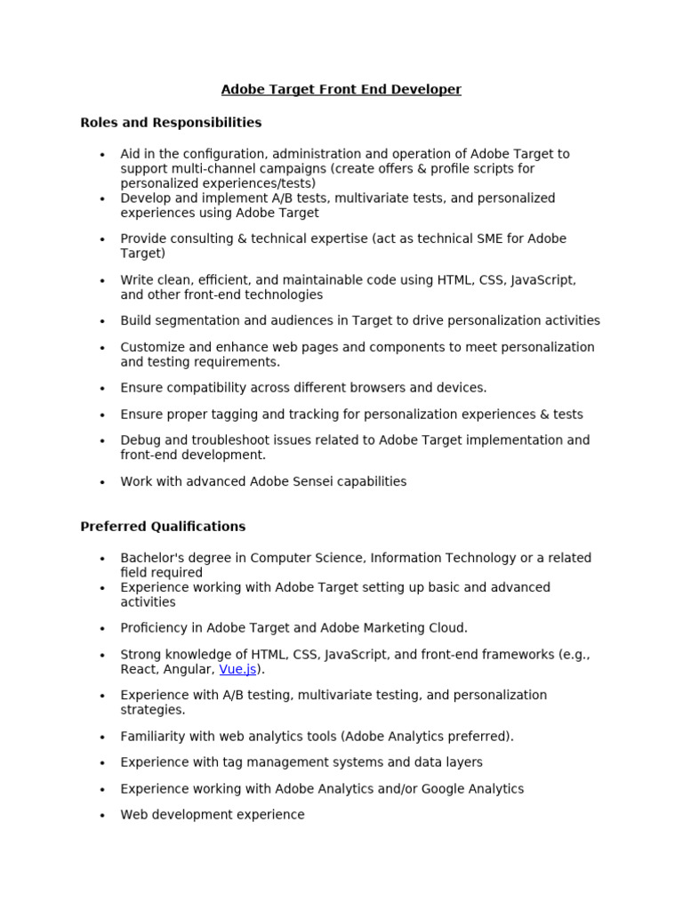 Adobe Target Front End Developer | PDF