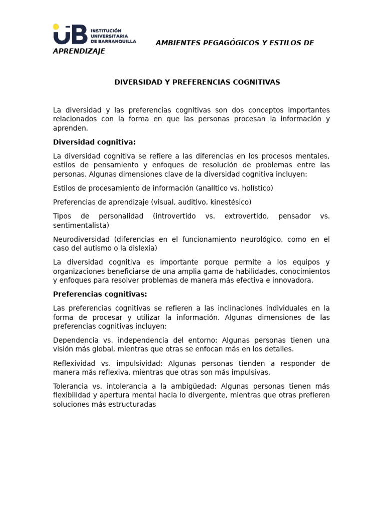 Diversidad y Preferencias Cognitivas | PDF | Cognición | Aprendizaje