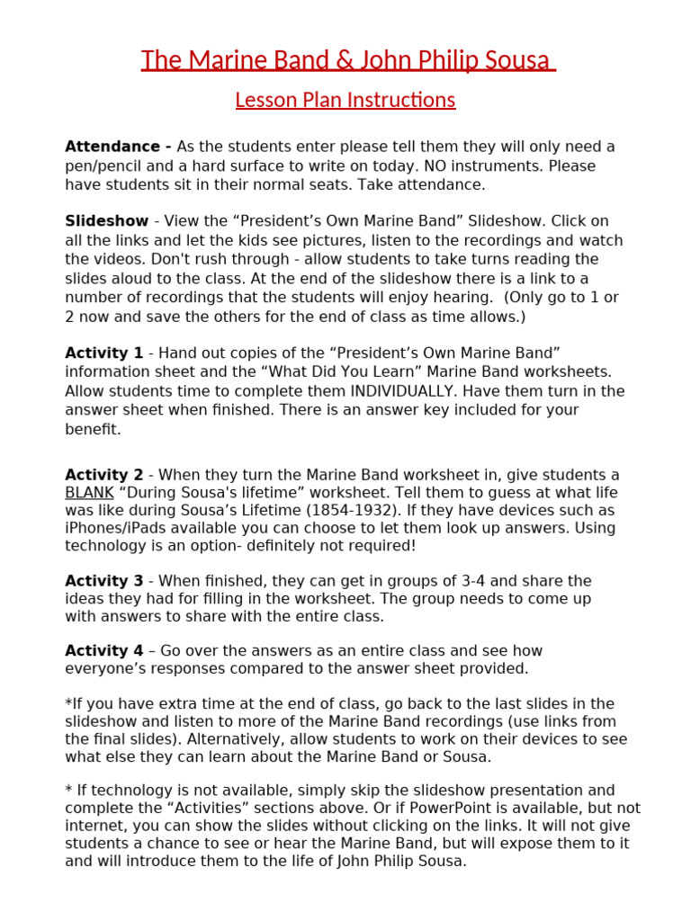 Editable Lesson Plan Instructions - Marine Band and Sousa | PDF