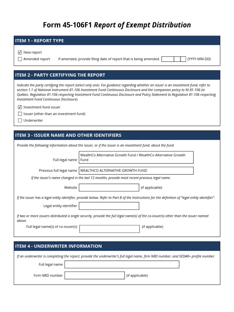 Form 45-106F1 Report of Exempt Distribution For WealthCo Alternative ...