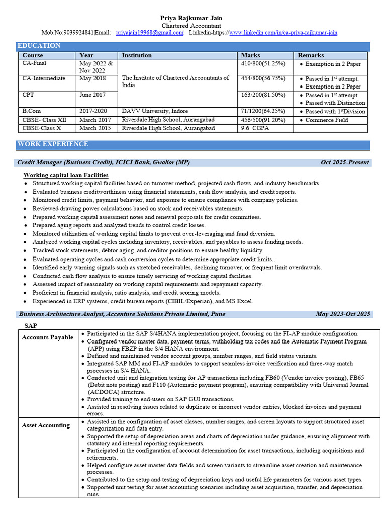 Resume - CA Priya Rajkumar Jain (2) - 1 | PDF | Audit | Working Capital