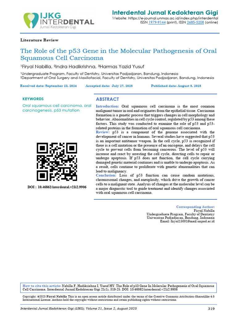 The Role of The p53 Gene in The Molecular Pathogenesis of Oral Squamous ...