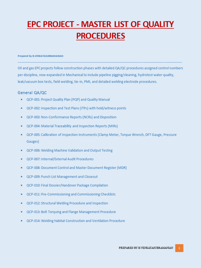 Epc Project - Master List of Quality Procedures | PDF | Welding ...