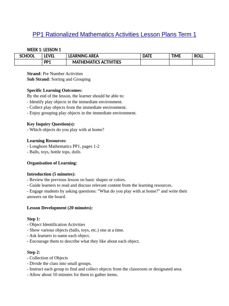 PP1 Rationalized Mathematics Activities Lesson Plans Term 1 | PDF ...