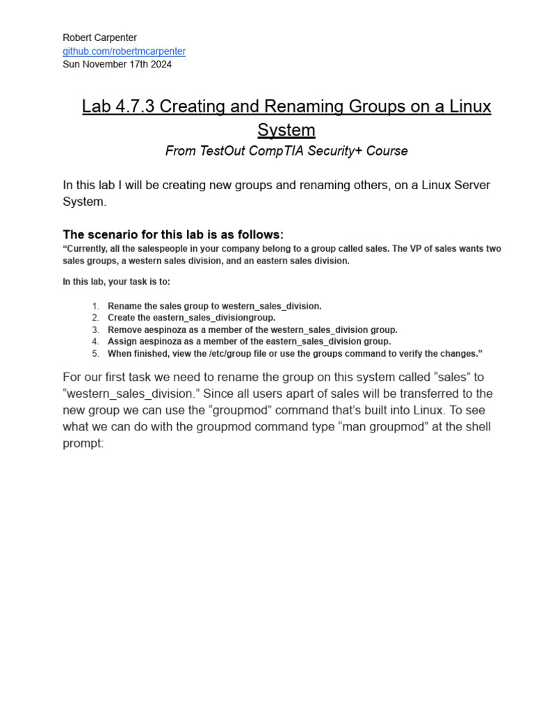 Lab 4.7.3 Linux Security - Creating and Renaming Groups On A Linux ...