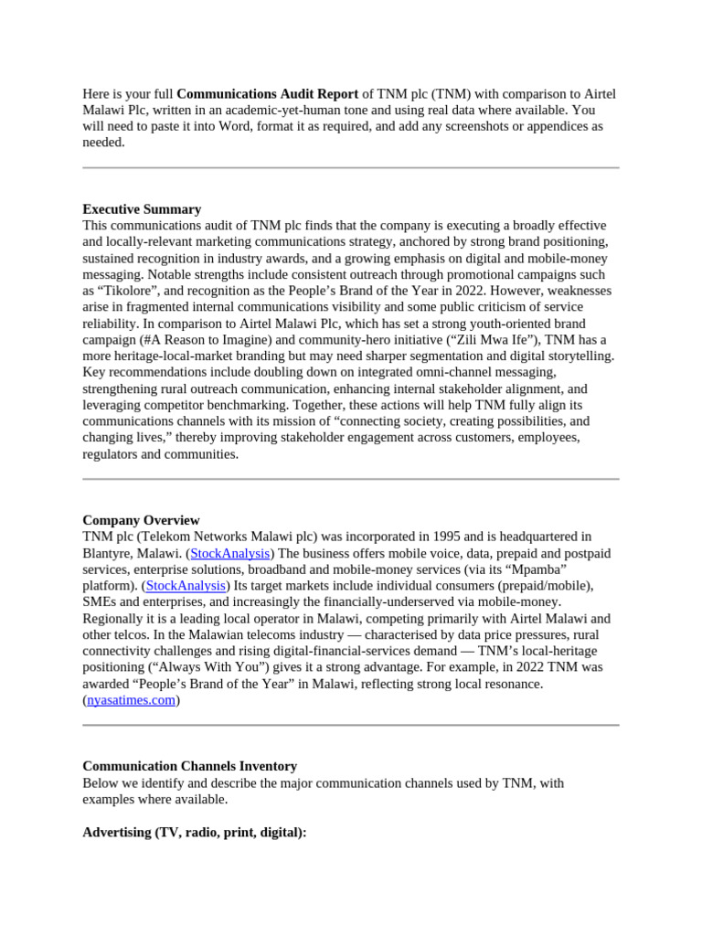 Here Is Your Full Communications Audit Report of TNM PLC | PDF | Brand ...