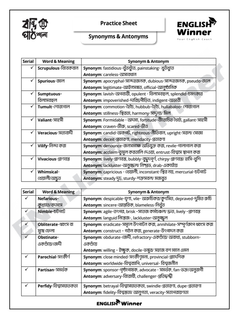 Practice Sheet - Synonyms & Antonyms | PDF