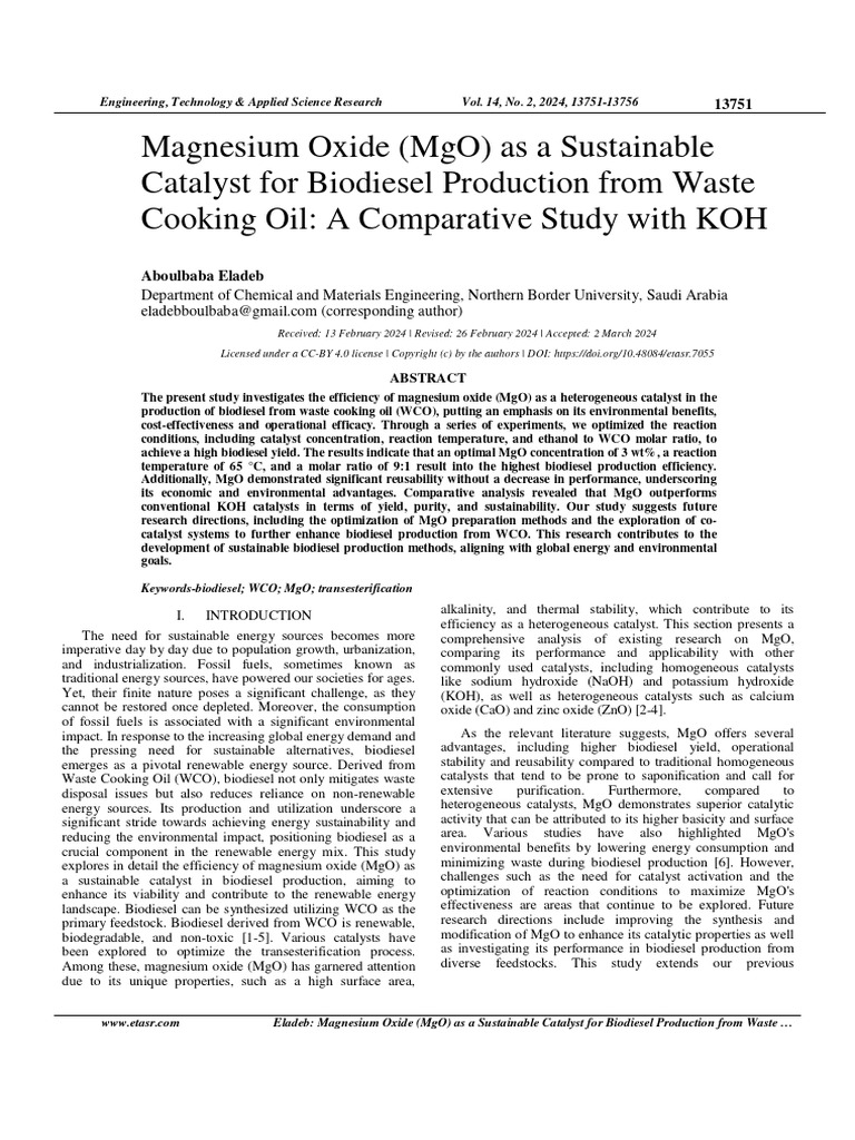 Magnesium Oxide MgO As A Sustainable Catalyst For | PDF | Biodiesel ...