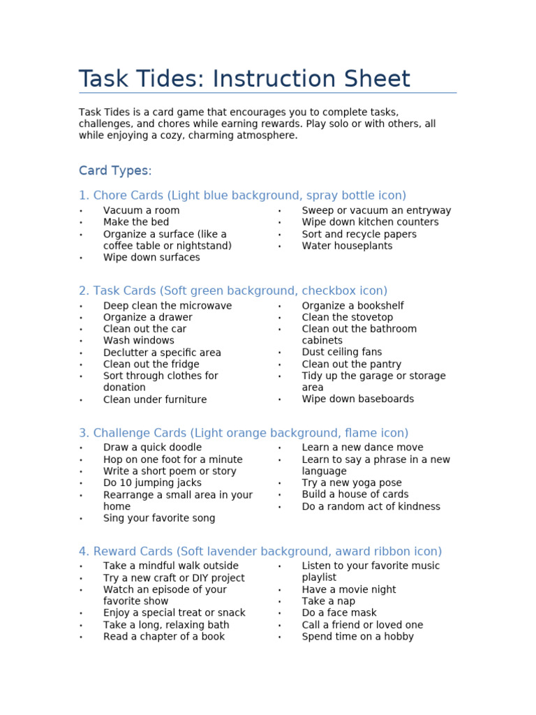 Task Tides Instruction Sheet Card Types Heading | PDF