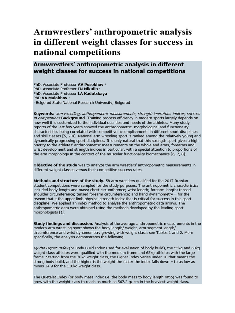 Armwrestlers' Anthropometric Analysis | PDF | Arm | Anthropometry