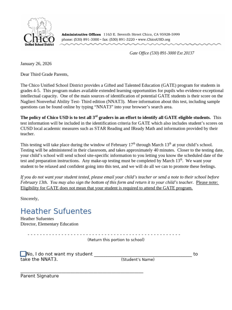 2026 GATE Parent Opt Out Letter | PDF