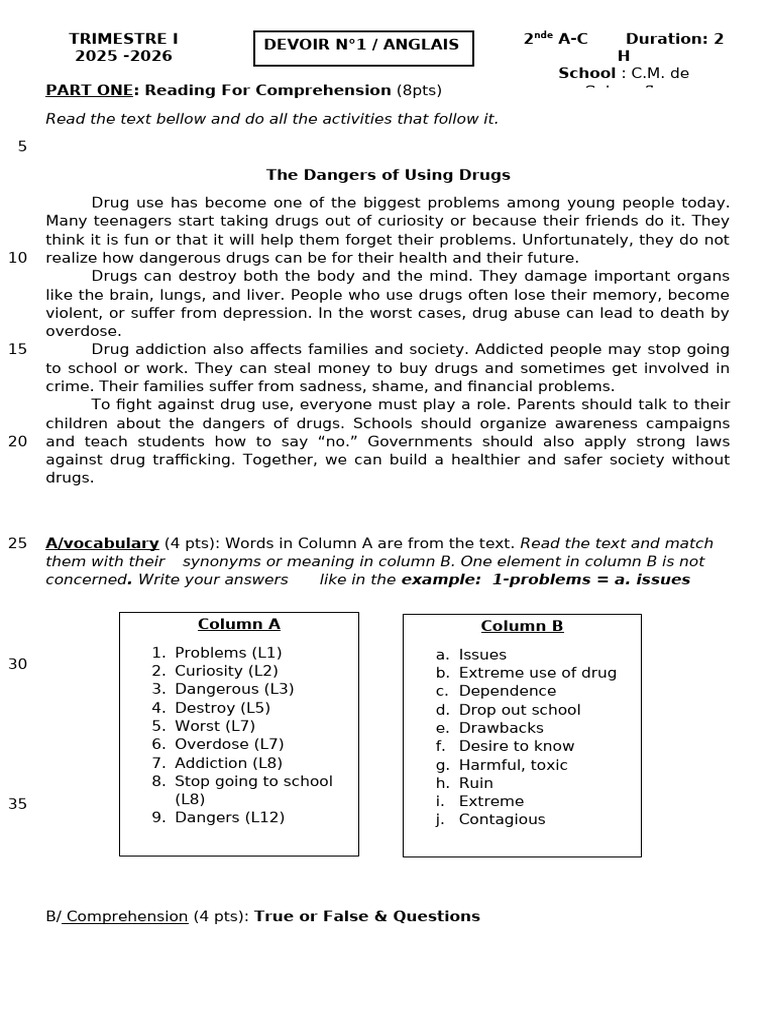 English Test 1 2025-2026 2ac | PDF | Adolescence
