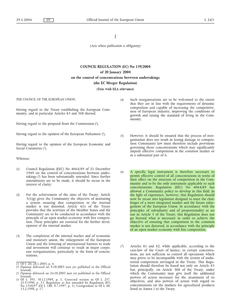 Regulation (EC) 139-2004 - Control of Concentrations | PDF | Market ...