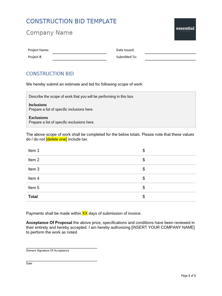 Constructoin Bid Template Cj0c0g (1) | PDF