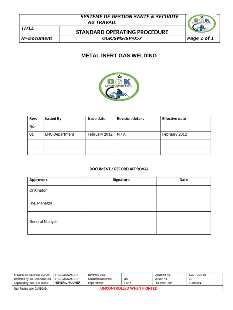 Ogk Sop 057 Metal Inert Gas Welding | PDF | Welding | Construction