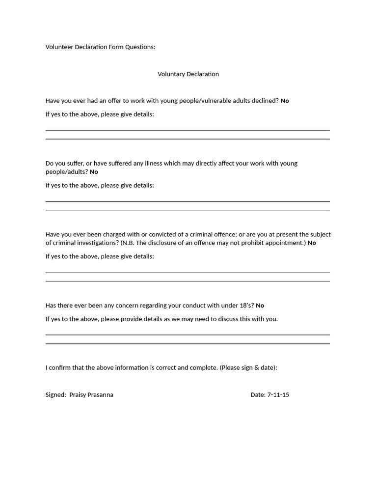 Volunteer Declaration Form Questions 01.24 | PDF