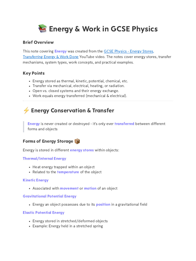 GCSE Physics - Energy Stores, Transferring Energy & Work Done | PDF ...