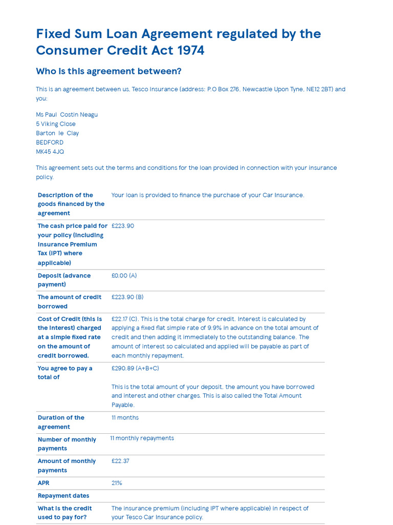 Fixed Sum Loan Agreement | PDF | Credit | Finance & Money Management