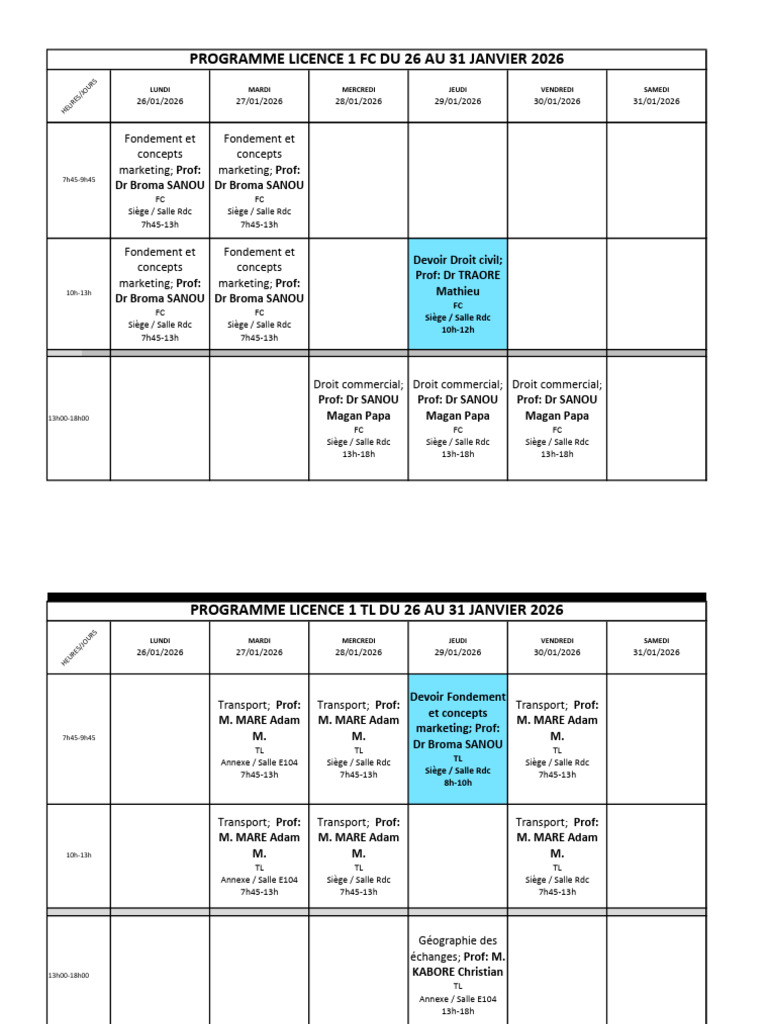 Programme Hebdomadaire de L1 Jour Du 26 31 Janvier 2026 | PDF ...