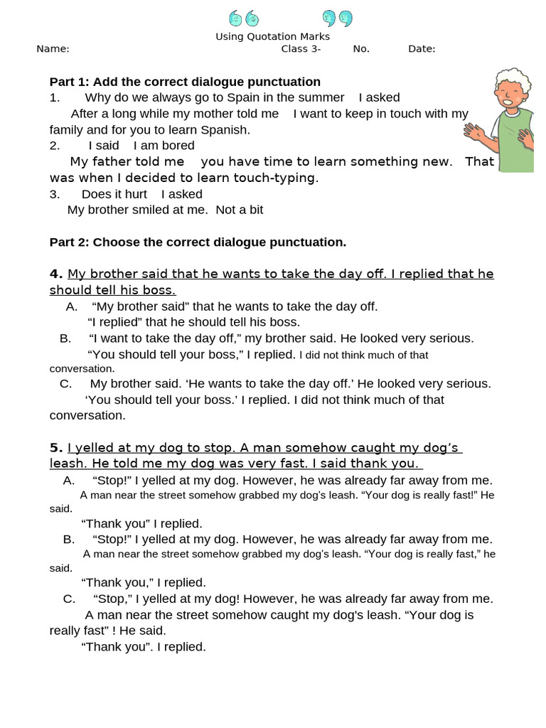 Punctuating Dialogue Quotation Mark Practice Grammar Drills Writing ...