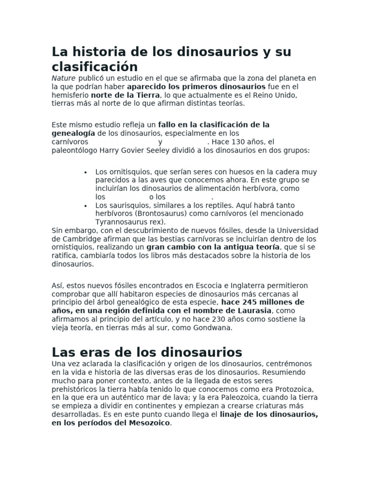 La Historia de Los Dinosaurios y Su Clasificación | PDF | Dinosaurios ...