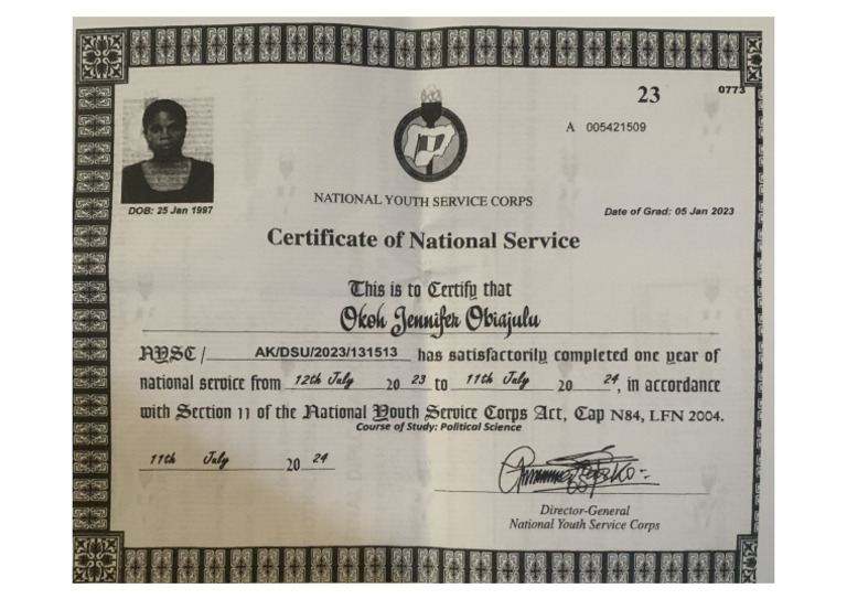 NYSC Certificate - Okoh Obiajulu Jennifer | PDF