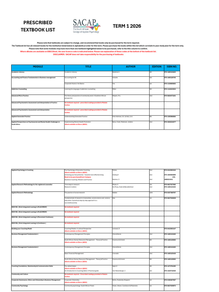 Sacap Term 1 2026 Prescribed Texbook List | PDF | Psychotherapy ...
