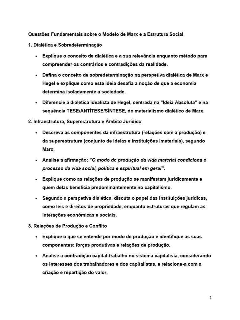 Questões Fundamentais Sobre o Modelo de Marx e A Estrutura Social | PDF ...