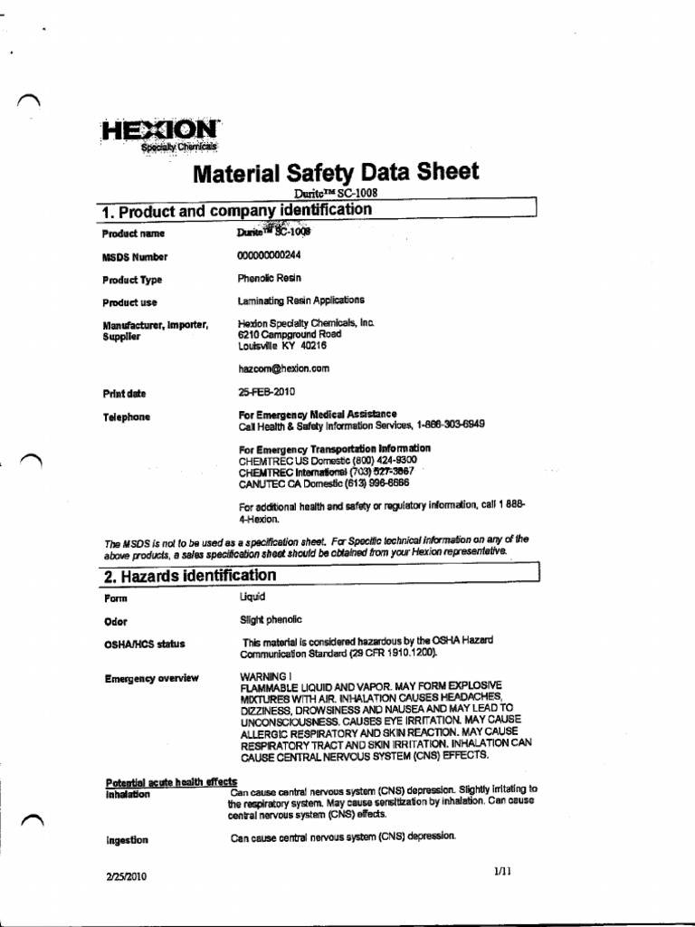 Phenolic Resin Durite SC 1008 Hexion | PDF