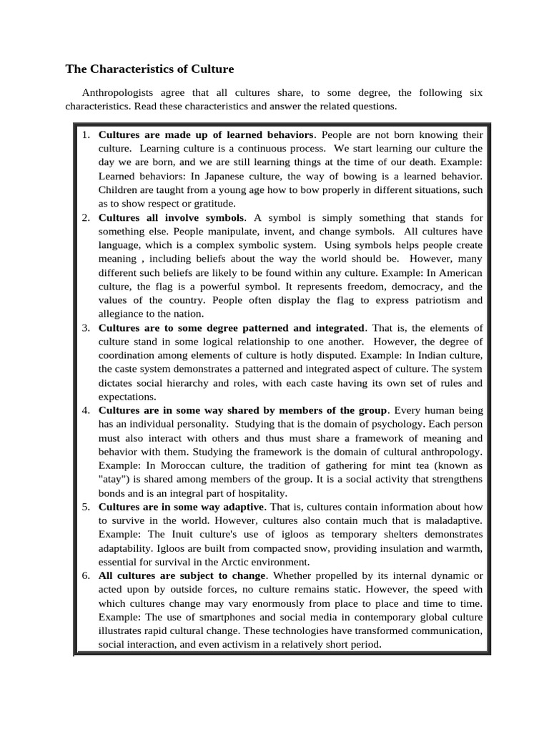 The Characteristics of Culture | PDF | Cultural Heritage | Liberal Arts ...