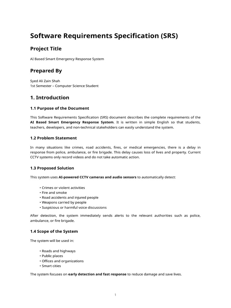 Srs – Ai Based Smart Emergency Response System | PDF | Closed Circuit ...