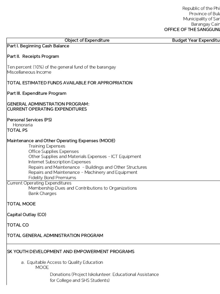 Annex F Sample SK Annual Budget | PDF | Expense | Economies